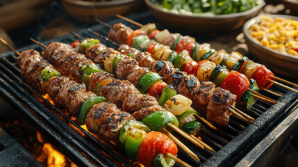 Poster - Grilled skewers of meat and vegetables on barbecue, showcasing vibrant colors and textures