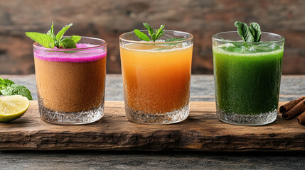 Wall Mural - Refreshing drinks in vibrant colors served in glasses with mint leaves