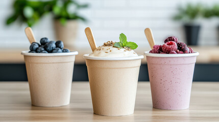 Wall Mural - Delicious smoothie cups with fresh fruits and yogurt in compostable containers