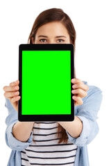 Wall Mural - woman, portrait and green screen with tablet for marketing, advertising or mockup space on a white s