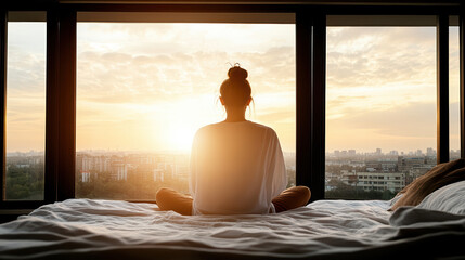 Sticker - woman silhouette against sunset lit bedroom window, creating serene atmosphere