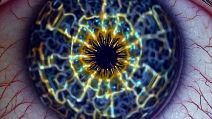 Fototapete - High-detail view of a human iris with abstract strips of blue and yellow code visible through its texture.
