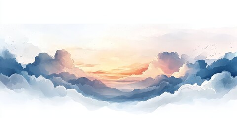 Wall Mural - a serene watercolor landscape featuring soft clouds and a warm sunset, evoking tranquility and a sen