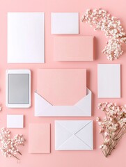Wall Mural - A flat lay of branding materials: business cards, logo samples, a color palette guide, and a tablet.