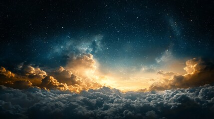 Wall Mural - a breathtaking view of a starry sky illuminated by the glow of the setting sun behind fluffy clouds.