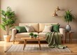 © Wanlop - Beige Living Room Interior Design: Minimalist Sofa, Coffee Table, Green Plaid, Home Decor