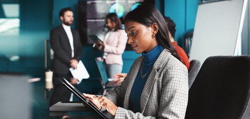 Poster - Reading, serious and woman with tablet, office and analysis of trends for trading and data analyst. Corporate, people and statistician with info for investment, research or planning for stock market