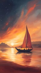 Canvas Print - A serene sunset scene with a sailboat gliding across the water, reflecting vibrant hues of orange and purple in the sky.