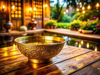 Golden Bowl of Water on a Wooden Table