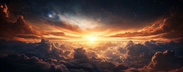 Wall Mural - a breathtaking view of a vibrant sunset above the clouds, showcasing rich colors and a vast cosmic b
