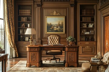 Wall Mural - A traditional office adorned with rich textures, ornate furniture, and elegant decor. Utilize a warm color palette, intricate molding, and luxurious fabrics. Include classic artworks