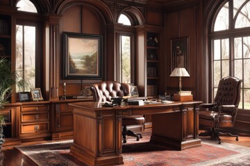 Wall Mural - A traditional office adorned with rich textures, ornate furniture, and elegant decor. Utilize a warm color palette, intricate molding, and luxurious fabrics. Include classic artwork