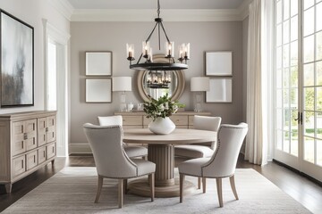 Wall Mural - A transitional dining room blending classic warmth with contemporary clean lines. Opt for a neutral color scheme, streamlined furniture pieces, and refined textiles. Integrate modern lighting fixtures