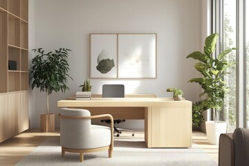 A Scandinavian office highlighting light wood elements, a neutral color palette, and functional design. Embrace clean lines, simple fixtures, 