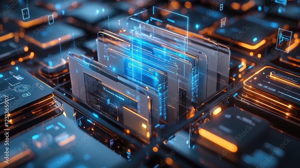 3D illustration a pristine white filing system transforming into ...