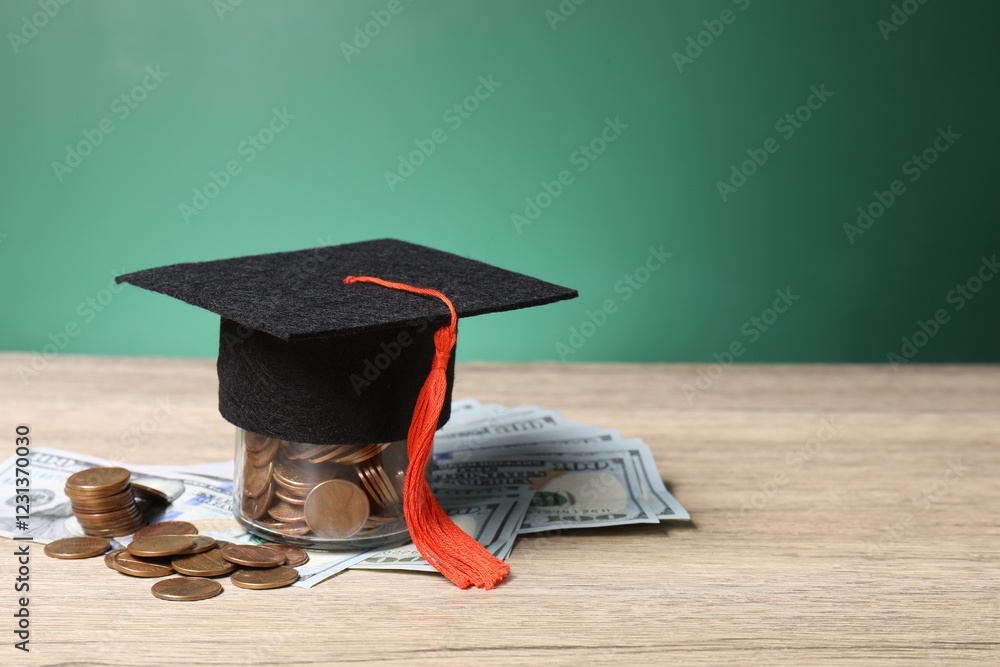 Tuition payment. Graduate hat, dollar banknotes and coins on wooden ...