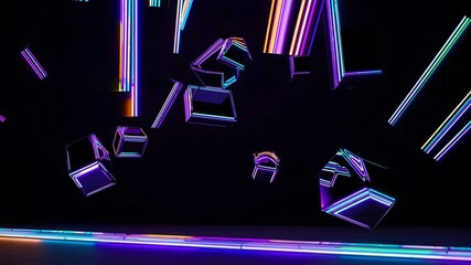 Aufkleber - A minimal composition of floating geometric shapes showcasing reflective metallic planes, illuminated by vibrant neon stripes across a pitch-black scene.
