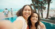 © peopleimages.com - Portrait, selfie and friends with women at party for summer vacation, photography memory and college freshman. Social media, spring break picture and hotel resort with people on holiday for pov