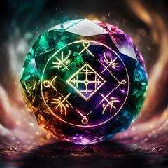 Wall Mural - A mystical, multicolored gem with intricate, glowing symbols engraved on its surface emits an ethereal aura. Surrounded by swirling lights, the gem appears to be floating, giving a sense of magic 