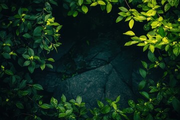 Wall Mural - Lush green foliage framing dark stone path, nature background, design element