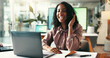 © peopleimages.com - Woman, headset and smile in call center for customer service, assistance and contact at computer. Insurance agent, technology and happy in office for help, sales pitch or telecommunication for advice