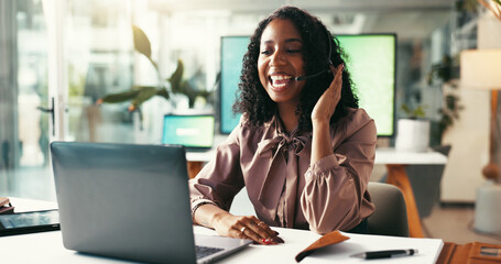 Leinwandbilder - Woman, headset and smile in call center for customer service, assistance and contact at computer. Insurance agent, technology and happy in office for help, sales pitch or telecommunication for advice