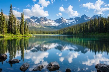 Wall Mural - Mountain lake reflection, sunny sky, conifer forest, tranquil scene, nature travel