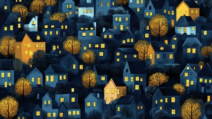 Nightfall town, illuminated houses, autumn trees, cozy atmosphere, website background