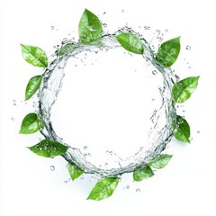 Fresh green leaves in a circular water splash on white background. (2)