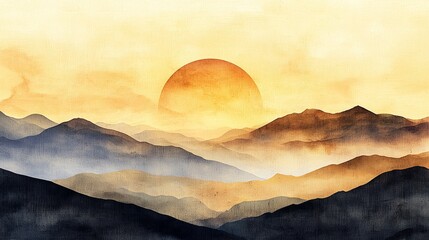 Canvas Print - A serene watercolor landscape depicting mountains at sunset, with warm hues blending into the soft sky.