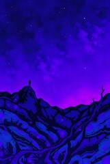 Wall Mural - A surreal landscape features rolling hills bathed in deep blue hues under a vibrant purple sky. Two small silhouettes stand atop the hills, evoking a feeling of solitude and exploration.
