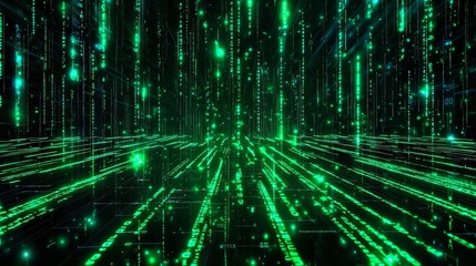 matrix code rain: green digital data stream background - made with generative ai