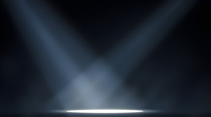 Wall Mural - Background image, Bright spotlights converge, illuminating a circular stage area against a dark background. The intersecting beams create a dramatic and focused ambiance.