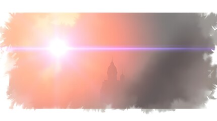 Wall Mural - A radiant sun casts a warm glow over a misty landscape, with a silhouetted building appearing in the distance. The soft edges and interplay of light and shadow create a dreamy atmosphere.