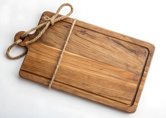 Rustic Wooden Cutting Board with Jute Rope Handle, Isolated on White Background