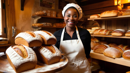 Female baker in a traditional rustic bakery, smiling while presenting a variety of freshly baked artisanal bread and pastries on a wooden table. Woman. 2