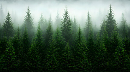 Misty mountain forest, fog, spruce trees, nature backdrop, website banner