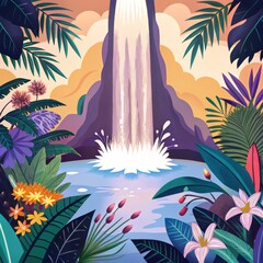 Canvas Print - Lush Tropical Waterfall Scene Tranquil Pond Vibrant Flowers and Cascading Water