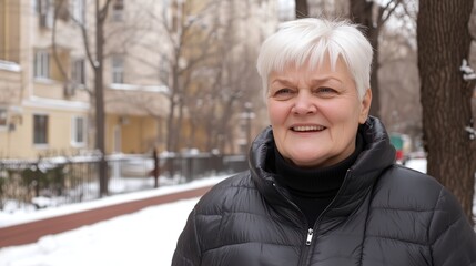 A smiling Russian woman in her fifties with short white hair stands on the street of Moscow. Retiree. Elder