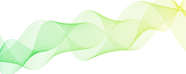 Poster - Abstract Transparent wave background, green waved lines. Frequency sound wave lines and twisted curve lines. Green wave flow design element. Technology, data frequency gradient lines