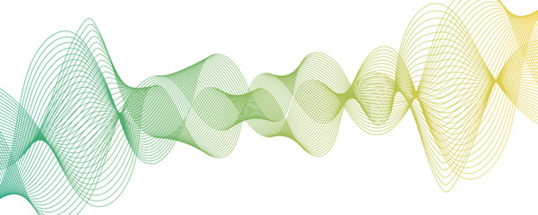 Poster - Abstract Transparent wave background, green waved lines. Frequency sound wave lines and twisted curve lines. Green wave flow design element. Technology, data frequency gradient lines