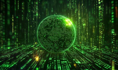 Digital globe surrounded by binary code, symbolizing interconnectedness and globalization. Technology and connectivity concept