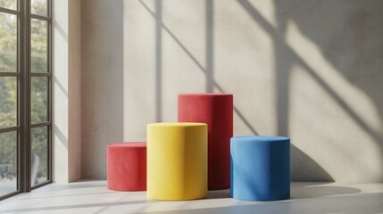 Wall Mural - Bright red, blue, and yellow cylinder podiums on a subtle window shade background, perfect for creative product or art showcases with a lively pop of color