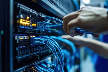 technicians connecting cable in server rack data center technical documentation high-tech environmen