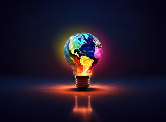 Canvas Print - a vibrant, colorful globe inside a glowing lightbulb, symbolizing global ideas and innovation. the r