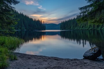 Wall Mural - Serene sunset lake reflection, forest, calm water, peaceful evening, nature scene, travel poster