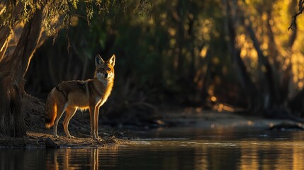 Wall Mural - a golden coyote stands by a river bank under the shade of trees at sunset