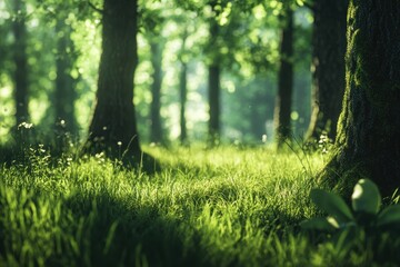 Wall Mural - Sunlit forest path, green grass, trees, morning light, nature background, idyllic scene, website banner