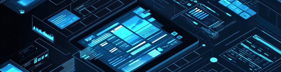 Abstract digital interface with glowing blue screens displaying data and graphs.