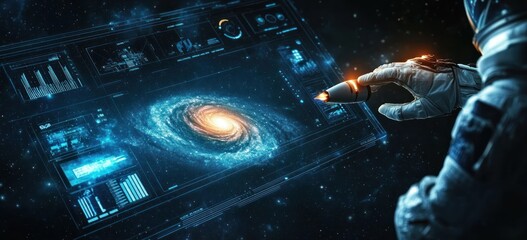 Wall Mural - astronaut interacts with a futuristic interface displaying a galaxy.